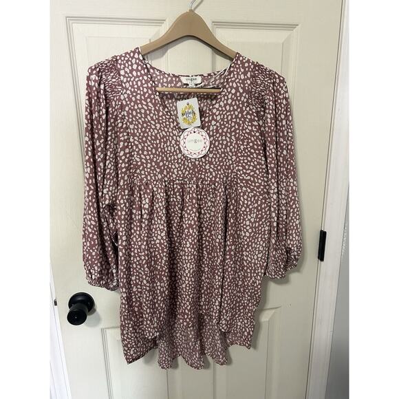 Umgee Women’s Sz L Red And White Animal Print Babydoll Blouse Top Hi-Lo Hem Boho - Picture 1 of 7